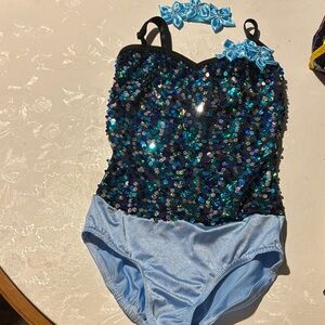 Sparkling Blue Sequin Kids Dance Costume with tutu and fringe bottom.